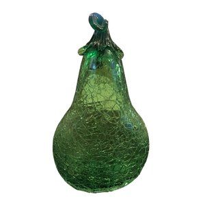 Hand Blown Crackle Glass Green Pear, 6 1/2" Tall